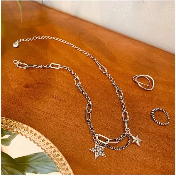 Double Stars Choker Necklace for Women Girls Silver Plated Paperclip Chain Cubic Zirconia Delicate Star Link Charm Pendant Bracelet Anklet Adjustable Hypoallergenic Punk PersonalizedDouble Stars Choker Necklace for Women Girls Silver Plated Paperclip Chain Cubic Zirconia Delicate Star Link Charm Pendant Bracelet Anklet Adjustable Hypoallergenic Punk Personalized
