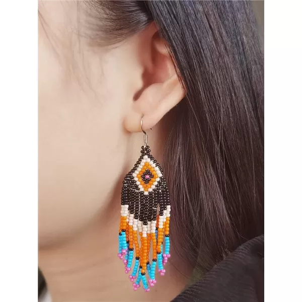 Drop Statement Fringe Earrings Handmade Boho Ethnic Beaded Dangle Hook Stud Earring Geomentic Colorized Seed Beads Chandelier Bohemian Party Exaggerated Personalized JewelryBlack