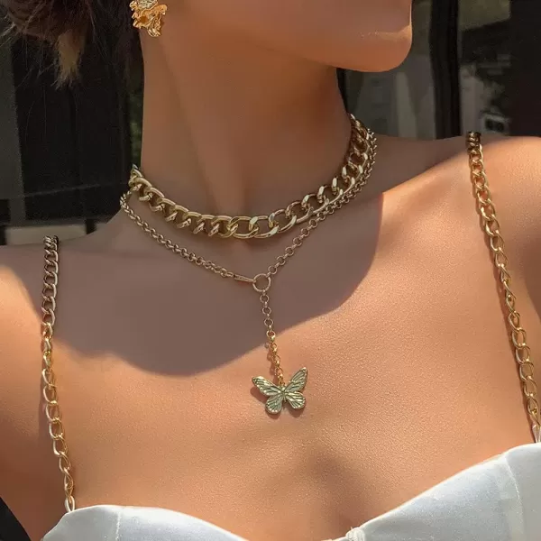 Dtja 2 PCS Punk Butterfly Choker Y Necklaces Set for Women Girls Gold Plated Big Layered Statement Link Chain Charm Pendant Necklaces Aesthetic Fashion Retro Y2K JewelryDtja 2 PCS Punk Butterfly Choker Y Necklaces Set for Women Girls Gold Plated Big Layered Statement Link Chain Charm Pendant Necklaces Aesthetic Fashion Retro Y2K Jewelry