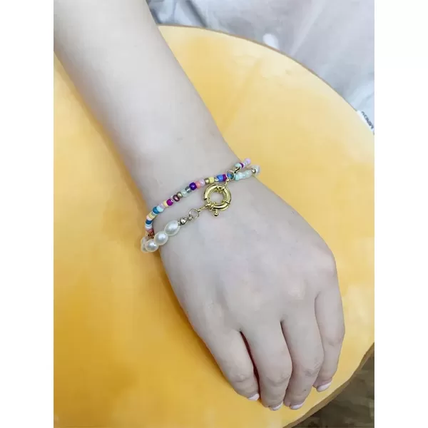 Dtja 2 Pcs Boho Pearl Bead Bracelets Set for Women Girls Layered Bohemian Colorful Ball Bead Seed Imitation Pearls Handmade Chain Beachy Y2K Jewelry GiftGold