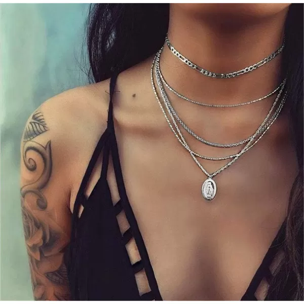 Dtja 5 Layer Miraculous Madonna Necklace for Women Girls Men Vintage Oval Metal Medallion Layered Choker Medal Cross Blessed Virgin Mary Geometric Pendant Necklaces Charm Chain Gift for Luck PrayDtja 5 Layer Miraculous Madonna Necklace for Women Girls Men Vintage Oval Metal Medallion Layered Choker Medal Cross Blessed Virgin Mary Geometric Pendant Necklaces Charm Chain Gift for Luck Pray