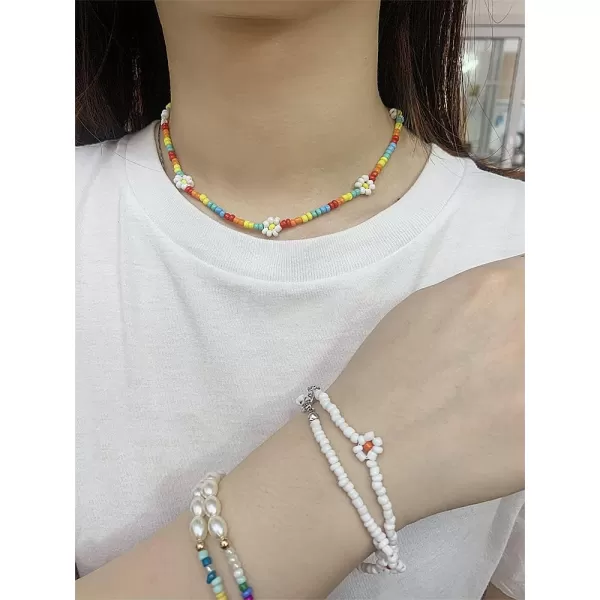 Dtja Boho Bead Flower Necklace for Women Girls Bohemian Colorful Ball Bead Seed Handmade Adjustable Choker Chain Layered Bracelet Anklet Beachy Y2K Necklaces Gift WhiteDtja Boho Bead Flower Necklace for Women Girls Bohemian Colorful Ball Bead Seed Handmade Adjustable Choker Chain Layered Bracelet Anklet Beachy Y2K Necklaces Gift White