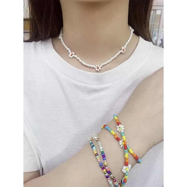 Dtja Boho Bead Flower Necklace for Women Girls Bohemian Colorful Ball Bead Seed Handmade Adjustable Choker Chain Layered Bracelet Anklet Beachy Y2K Necklaces Gift WhiteDtja Boho Bead Flower Necklace for Women Girls Bohemian Colorful Ball Bead Seed Handmade Adjustable Choker Chain Layered Bracelet Anklet Beachy Y2K Necklaces Gift White