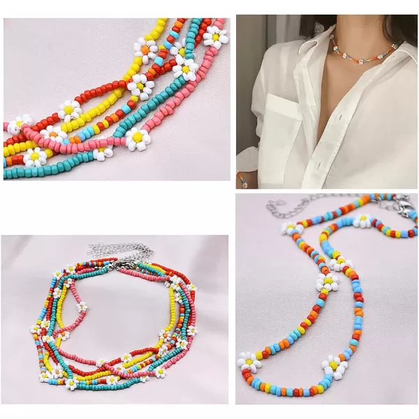 Dtja Boho Bead Flower Necklace for Women Girls Bohemian Colorful Ball Bead Seed Handmade Adjustable Choker Chain Layered Bracelet Anklet Beachy Y2K Necklaces GiftColorful