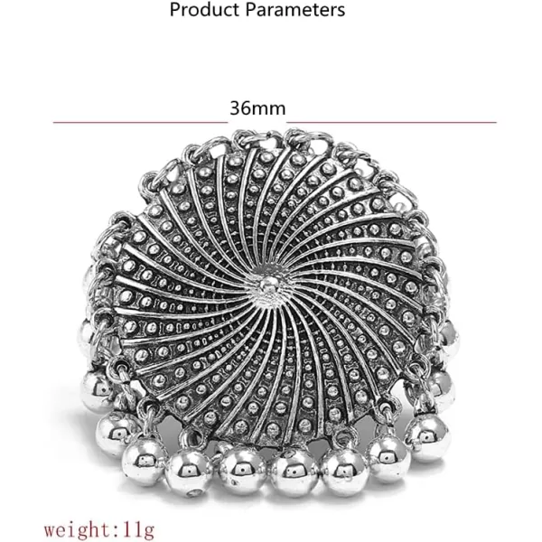 Dtja Boho Big Teardrop Statement Ring for Women Girls Vintage Tassel Ball Bead Adjustable Open Band Cocktail Party Ring Comfort Fit Gypsy Indian Bollywood Peacock Tail Exaggerated JewelrySilver