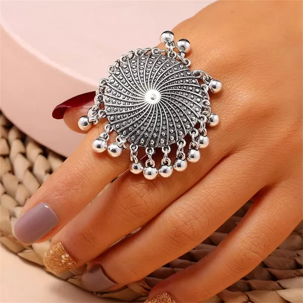 Dtja Boho Big Teardrop Statement Ring for Women Girls Vintage Tassel Ball Bead Adjustable Open Band Cocktail Party Ring Comfort Fit Gypsy Indian Bollywood Peacock Tail Exaggerated JewelrySilver