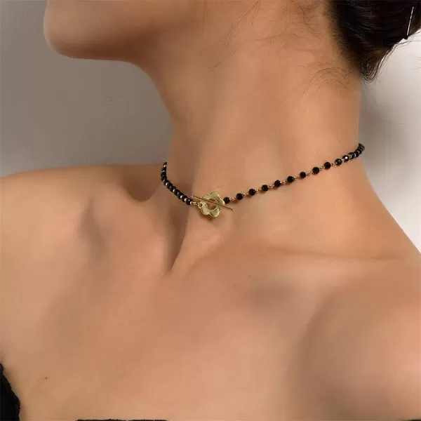 Dtja Boho Irregular Stone Choker Necklace for Women Girls Bohemian Turquoise Selenite Crystal Bead Gold Flower Charm Chain Toggle Clasp Nickel Free Retro Y2K JewelryBlack