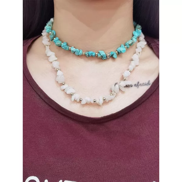 Dtja Boho Irregular Stone Choker Necklace for Women Girls Bohemian Turquoise Selenite Crystal Bead Gold Flower Charm Chain Toggle Clasp Nickel Free Retro Y2K JewelryWhite