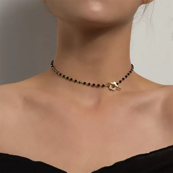 Dtja Boho Irregular Stone Choker Necklace for Women Girls Bohemian Turquoise Selenite Crystal Bead Gold Flower Charm Chain Toggle Clasp Nickel Free Retro Y2K JewelryBlack