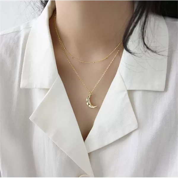 Dtja Boho Moon Necklace for Women Girls Sterling Silver Simple Delicate Crescent Half Moon Phase Karma Choker Pendant Necklace Adjustable Chain Handmade Hammered Jewelry14K Gold Plated