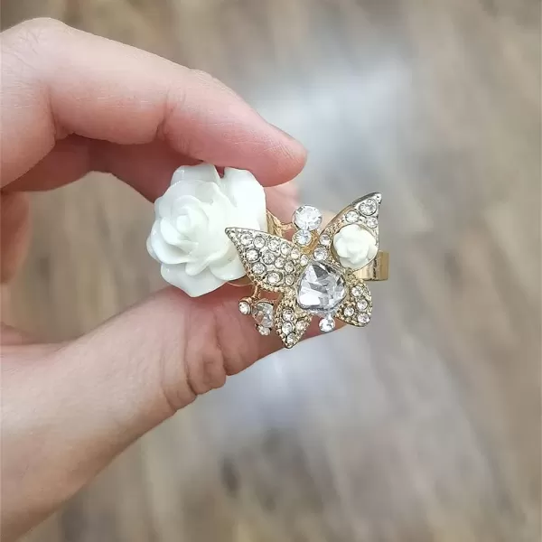 Dtja CZ Butterfly Flower Wedding Ring for Women Girls Statement Engagement Rectangle Rhinstone Aryclic Rose Adjustable Open Wrap Finger Rings Comfort Fit Cocktail Party Vintagage Jewelry GiftWhite
