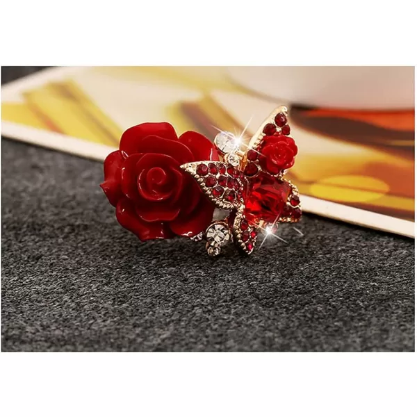 Dtja CZ Butterfly Flower Wedding Ring for Women Girls Statement Engagement Rectangle Rhinstone Aryclic Rose Adjustable Open Wrap Finger Rings Comfort Fit Cocktail Party Vintagage Jewelry GiftRed