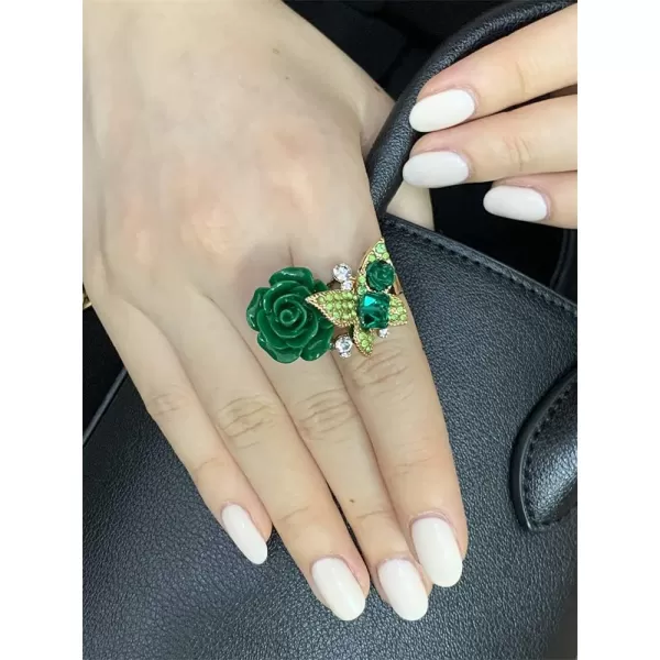 Dtja CZ Butterfly Flower Wedding Ring for Women Girls Statement Engagement Rectangle Rhinstone Aryclic Rose Adjustable Open Wrap Finger Rings Comfort Fit Cocktail Party Vintagage Jewelry GiftGreen