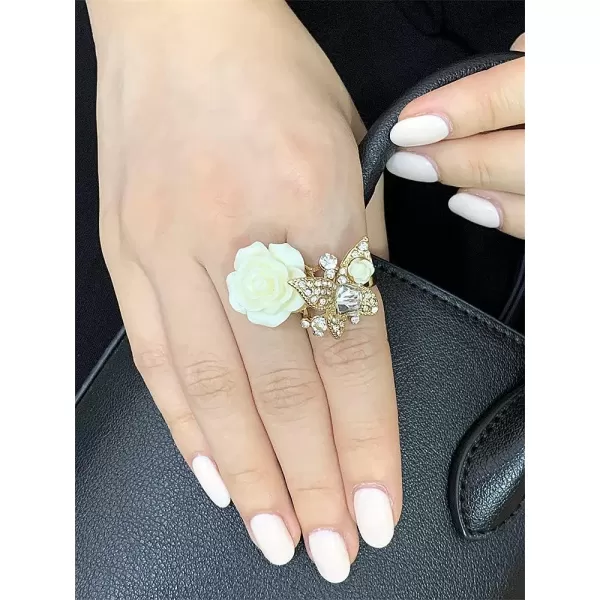 Dtja CZ Butterfly Flower Wedding Ring for Women Girls Statement Engagement Rectangle Rhinstone Aryclic Rose Adjustable Open Wrap Finger Rings Comfort Fit Cocktail Party Vintagage Jewelry GiftWhite