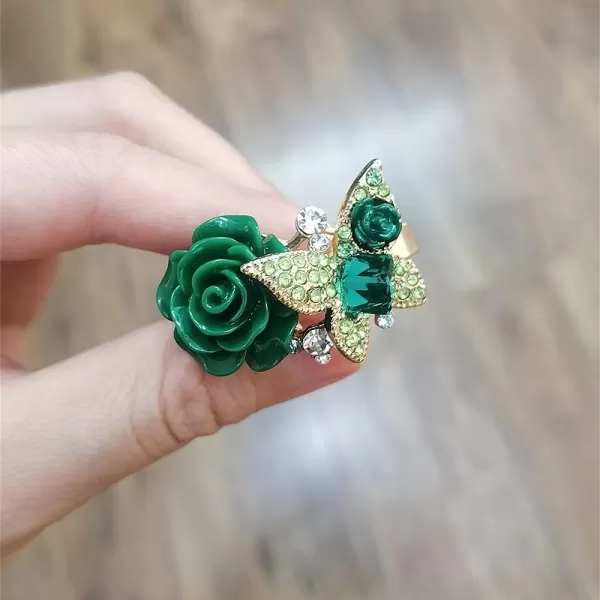 Dtja CZ Butterfly Flower Wedding Ring for Women Girls Statement Engagement Rectangle Rhinstone Aryclic Rose Adjustable Open Wrap Finger Rings Comfort Fit Cocktail Party Vintagage Jewelry GiftGreen