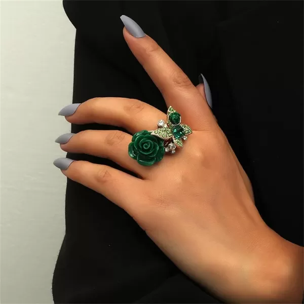 Dtja CZ Butterfly Flower Wedding Ring for Women Girls Statement Engagement Rectangle Rhinstone Aryclic Rose Adjustable Open Wrap Finger Rings Comfort Fit Cocktail Party Vintagage Jewelry GiftGreen