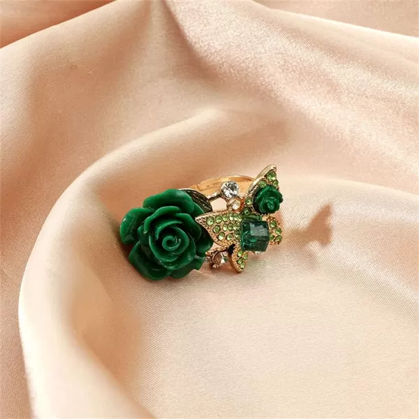 Dtja CZ Butterfly Flower Wedding Ring for Women Girls Statement Engagement Rectangle Rhinstone Aryclic Rose Adjustable Open Wrap Finger Rings Comfort Fit Cocktail Party Vintagage Jewelry GiftGreen