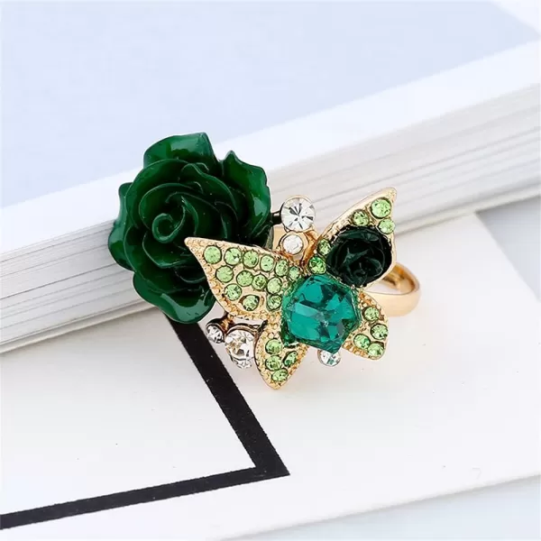 Dtja CZ Butterfly Flower Wedding Ring for Women Girls Statement Engagement Rectangle Rhinstone Aryclic Rose Adjustable Open Wrap Finger Rings Comfort Fit Cocktail Party Vintagage Jewelry GiftGreen
