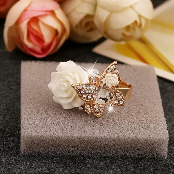 Dtja CZ Butterfly Flower Wedding Ring for Women Girls Statement Engagement Rectangle Rhinstone Aryclic Rose Adjustable Open Wrap Finger Rings Comfort Fit Cocktail Party Vintagage Jewelry GiftWhite