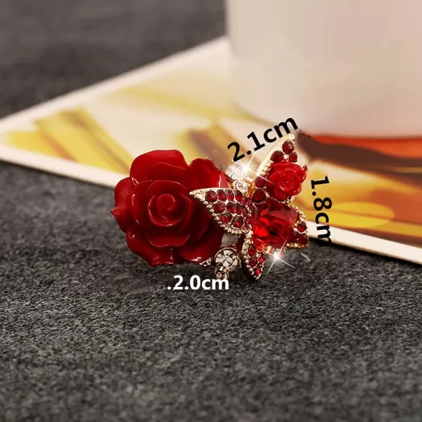 Dtja CZ Butterfly Flower Wedding Ring for Women Girls Statement Engagement Rectangle Rhinstone Aryclic Rose Adjustable Open Wrap Finger Rings Comfort Fit Cocktail Party Vintagage Jewelry GiftRed