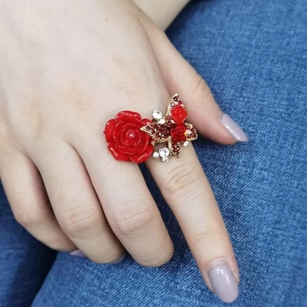 Dtja CZ Butterfly Flower Wedding Ring for Women Girls Statement Engagement Rectangle Rhinstone Aryclic Rose Adjustable Open Wrap Finger Rings Comfort Fit Cocktail Party Vintagage Jewelry GiftRed