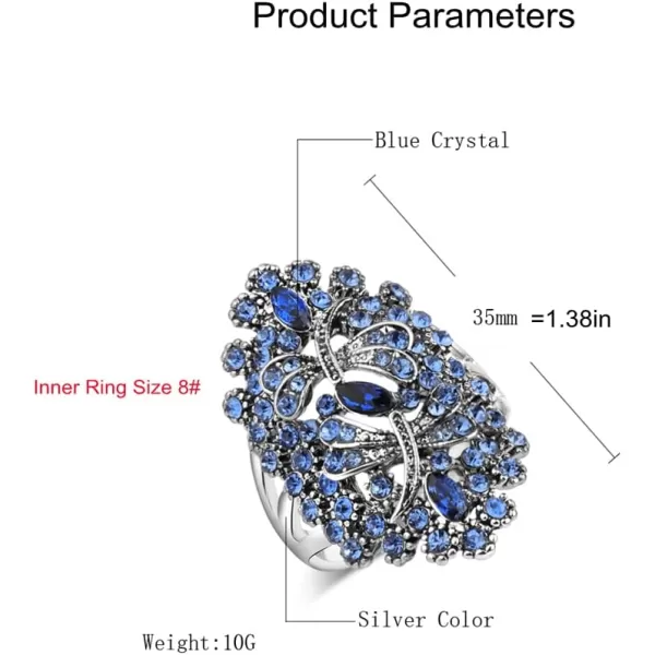 Dtja CZ Dragonfly Wedding Statement Ring for Women Girls Oxidized Silver Plated Cubic Zirconia Filigree Wide Band Finger Rings Comfort Fit Vintage Birthday Party Prom Jewelry Gift Size 8Blue Diamond