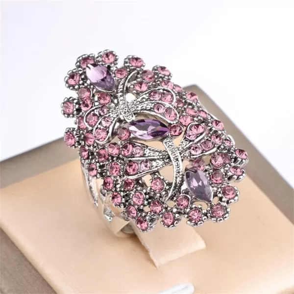 Dtja CZ Dragonfly Wedding Statement Ring for Women Girls Oxidized Silver Plated Cubic Zirconia Filigree Wide Band Finger Rings Comfort Fit Vintage Birthday Party Prom Jewelry Gift Size 8Pink Diamond