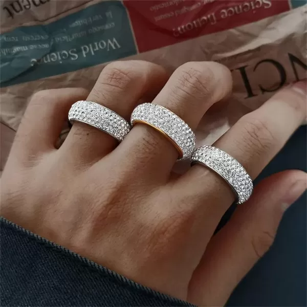 Dtja CZ Iced Out Wedding Statement Ring for Women Men Stainless Steel White Gold Plated 7mm 5 Rows Crystal Wide Band Rings Comfort Fit Fashion Punk Engagement Birthday Christmas Jewelry GiftSize 10