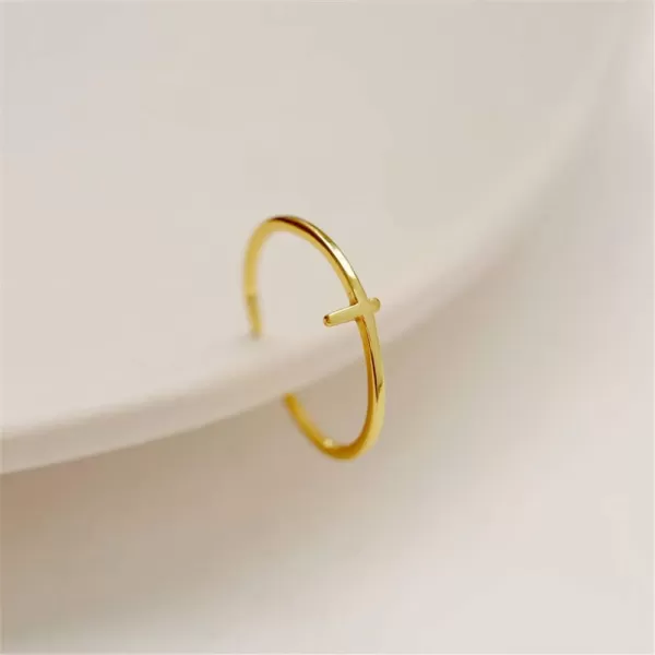 Dtja Minimalist Open Band S925 Sterling Silver Rings for Women Girls Men Sideways Cross Faith Promise Expendable Stackable Comfort Fit Knuckle Finger Ring Love Hope Wedding Engatement GiftGold Cross