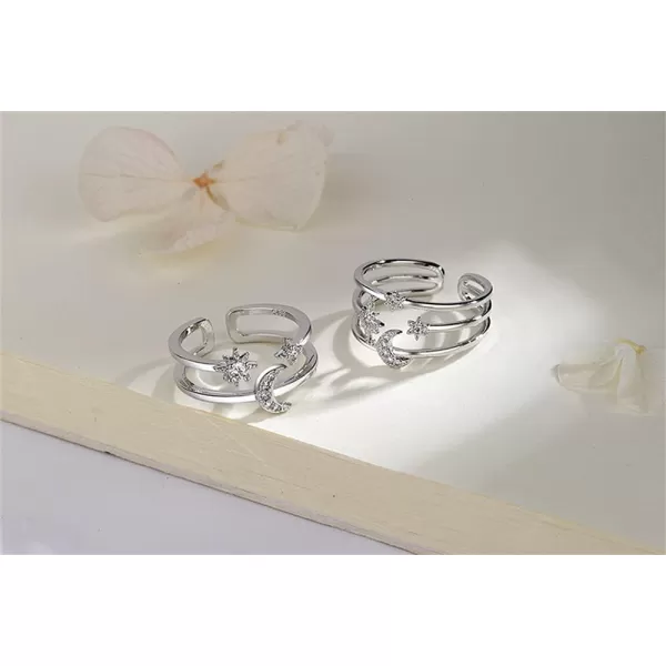 Dtja Moon Star Sun Statement Silver Plated Ring for Women Girls CZ Engagement Layered Open Band Rings Adjustable Expandable Comfort Fit Wedding Promise Birthday Party Jewelry Gift Triple LinesDtja Moon Star Sun Statement Silver Plated Ring for Women Girls CZ Engagement Layered Open Band Rings Adjustable Expandable Comfort Fit Wedding Promise Birthday Party Jewelry Gift Triple Lines