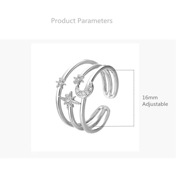 Dtja Moon Star Sun Statement Silver Plated Ring for Women Girls CZ Engagement Layered Open Band Rings Adjustable Expandable Comfort Fit Wedding Promise Birthday Party Jewelry Gift Triple LinesDtja Moon Star Sun Statement Silver Plated Ring for Women Girls CZ Engagement Layered Open Band Rings Adjustable Expandable Comfort Fit Wedding Promise Birthday Party Jewelry Gift Triple Lines