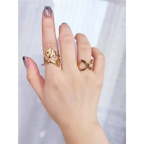 Dtja Punk Fish Bone Open Band Rings for Women Girls Stainless Steel Statement High Polished Skeleton Comfort Fit Tarnish Resistant Exquisite Expandable Ring Personalized JewelryGold 7