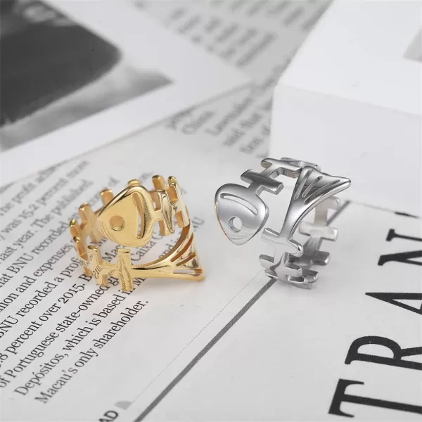 Dtja Punk Fish Bone Open Band Rings for Women Girls Stainless Steel Statement High Polished Skeleton Comfort Fit Tarnish Resistant Exquisite Expandable Ring Personalized JewelryGold 6