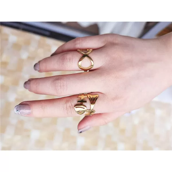 Dtja Punk Fish Bone Open Band Rings for Women Girls Stainless Steel Statement High Polished Skeleton Comfort Fit Tarnish Resistant Exquisite Expandable Ring Personalized JewelryGold 7