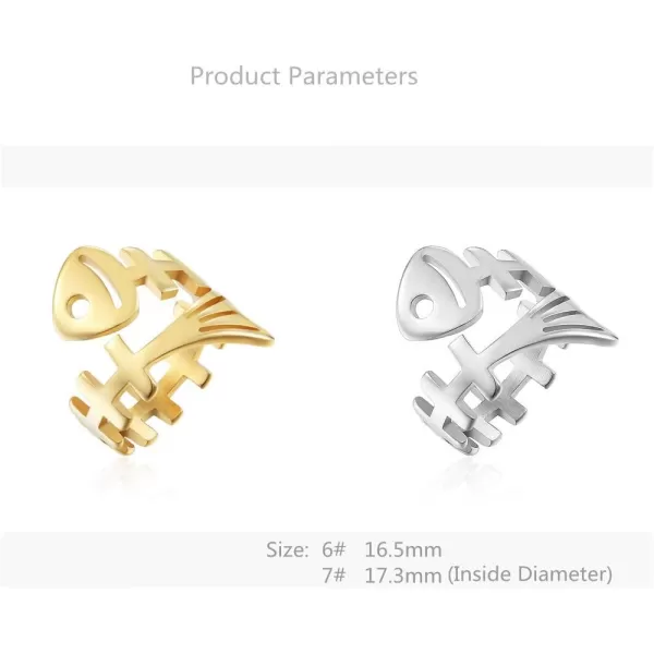 Dtja Punk Fish Bone Open Band Rings for Women Girls Stainless Steel Statement High Polished Skeleton Comfort Fit Tarnish Resistant Exquisite Expandable Ring Personalized JewelrySilver 7