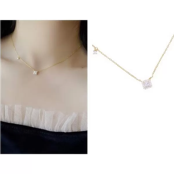 Dtja Sterling Silver Square Crystal Choker Necklace for Women Girls Cushion Shape Cubic Zirconia Small Delicate Princess Cut Pendant Necklace Adjustable Chain 18 Fashion Weddding Jewelry Gift18k gold plated