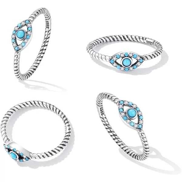 Dtja Turquoise 925 Sterling Silver Rings for Women Girls CZ Blue Birthstone Boho Stackable Band Ring Birthday Wedding Jewelry GiftEvil Eye Size 8