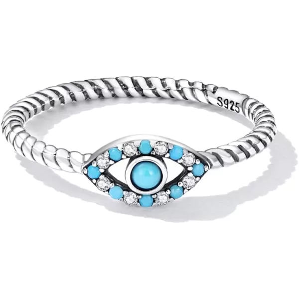 Dtja Turquoise 925 Sterling Silver Rings for Women Girls CZ Blue Birthstone Boho Stackable Band Ring Birthday Wedding Jewelry GiftEvil Eye Size 8