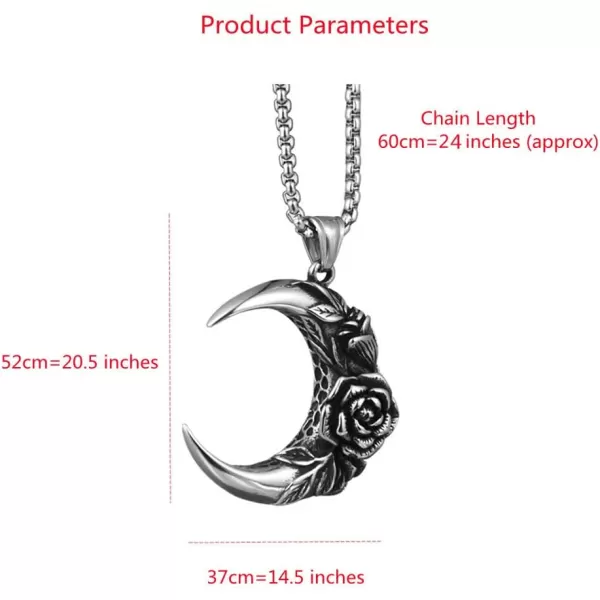 Dtja Vintage Flower Moon Pendant Necklace for Women Girls Men Antique Silver Plated Stainless Steel Rose Engraved Crescent Box Chain Punk Rock Jewelry Unisex Gift 24 inchDtja Vintage Flower Moon Pendant Necklace for Women Girls Men Antique Silver Plated Stainless Steel Rose Engraved Crescent Box Chain Punk Rock Jewelry Unisex Gift 24 inch