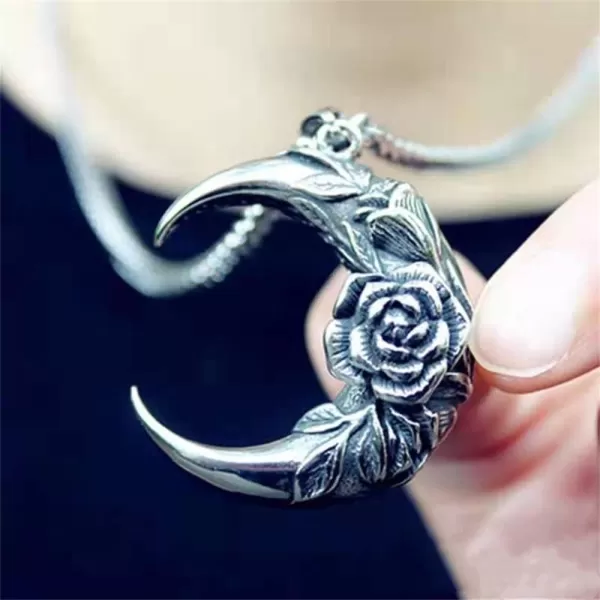 Dtja Vintage Flower Moon Pendant Necklace for Women Girls Men Antique Silver Plated Stainless Steel Rose Engraved Crescent Box Chain Punk Rock Jewelry Unisex Gift 24 inchDtja Vintage Flower Moon Pendant Necklace for Women Girls Men Antique Silver Plated Stainless Steel Rose Engraved Crescent Box Chain Punk Rock Jewelry Unisex Gift 24 inch