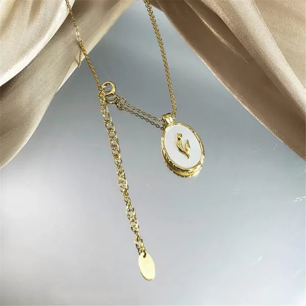 Dtja Vintage Tulip Flower Pendant Necklace for Women Girls s925 Sterling Silver 18K Gold Plated Embossed Oval Link Chain Adjustable Christmas Valentine Birth Month Jewelry Gifts for MotherGold