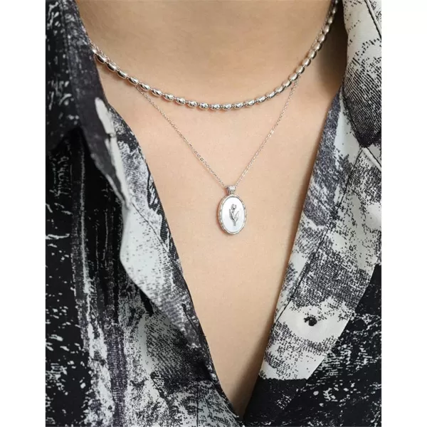 Dtja Vintage Tulip Flower Pendant Necklace for Women Girls s925 Sterling Silver 18K Gold Plated Embossed Oval Link Chain Adjustable Christmas Valentine Birth Month Jewelry Gifts for MotherSilver