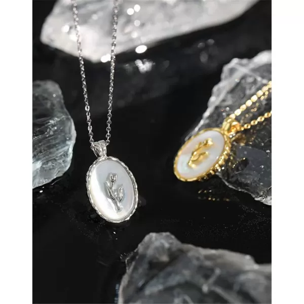 Dtja Vintage Tulip Flower Pendant Necklace for Women Girls s925 Sterling Silver 18K Gold Plated Embossed Oval Link Chain Adjustable Christmas Valentine Birth Month Jewelry Gifts for MotherSilver