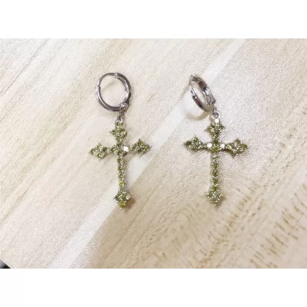 Fashion CZ Cross Dangle Earrings for Women Girls Hypoallergenic Crystal Charms Drop Dangling Huggie Small Hoop Cartilage Cuff Dainty Punk Faith Jewelry Gifts for PrayerSilver Green CZ