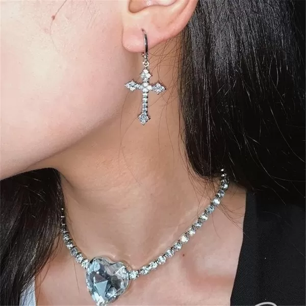 Fashion CZ Cross Dangle Earrings for Women Girls Hypoallergenic Crystal Charms Drop Dangling Huggie Small Hoop Cartilage Cuff Dainty Punk Faith Jewelry Gifts for PrayerSilver