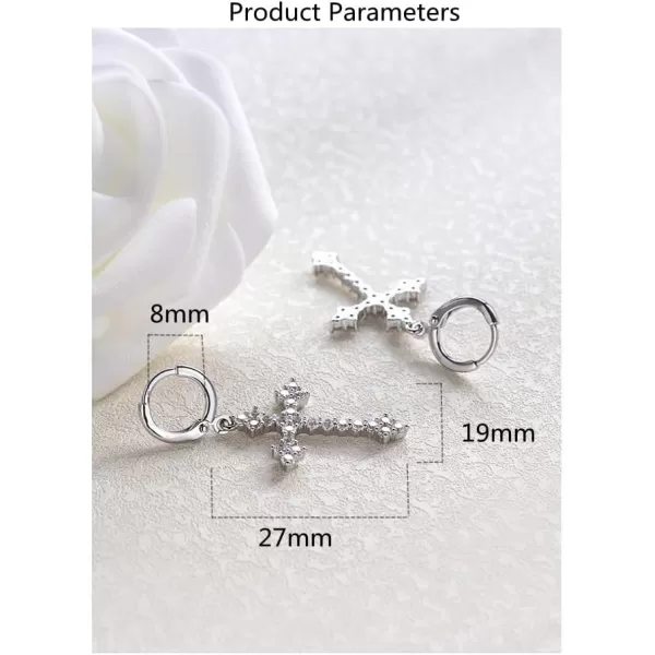 Fashion CZ Cross Dangle Earrings for Women Girls Hypoallergenic Crystal Charms Drop Dangling Huggie Small Hoop Cartilage Cuff Dainty Punk Faith Jewelry Gifts for PrayerSilver
