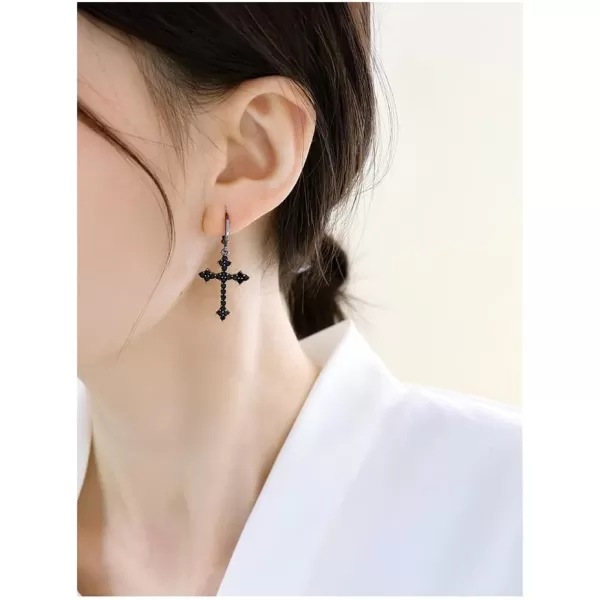 Fashion CZ Cross Dangle Earrings for Women Girls Hypoallergenic Crystal Charms Drop Dangling Huggie Small Hoop Cartilage Cuff Dainty Punk Faith Jewelry Gifts for PrayerBlack