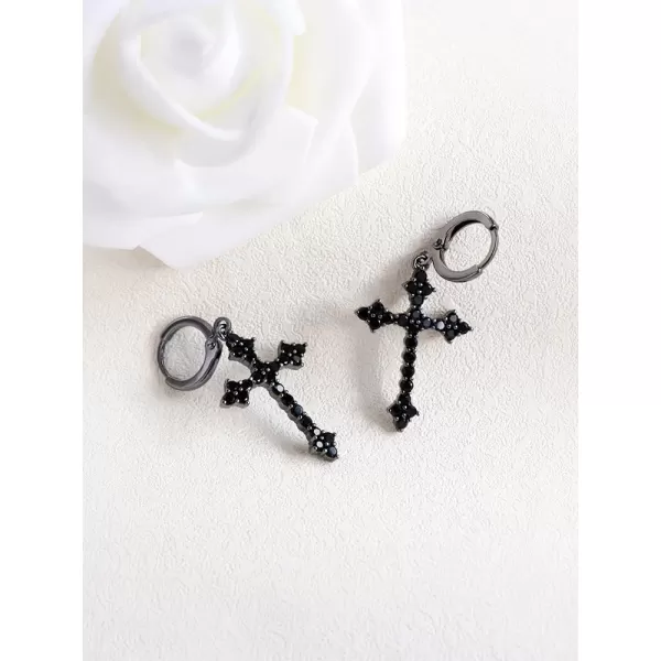 Fashion CZ Cross Dangle Earrings for Women Girls Hypoallergenic Crystal Charms Drop Dangling Huggie Small Hoop Cartilage Cuff Dainty Punk Faith Jewelry Gifts for PrayerBlack