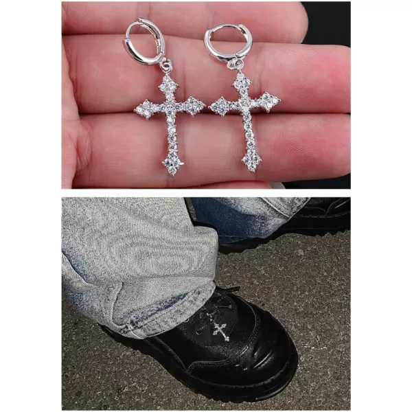 Fashion CZ Cross Dangle Earrings for Women Girls Hypoallergenic Crystal Charms Drop Dangling Huggie Small Hoop Cartilage Cuff Dainty Punk Faith Jewelry Gifts for PrayerSilver