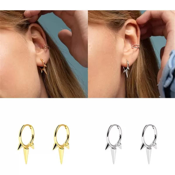 Fashion Spike Sterling Silver Hoop Earrings for Women Girls Men Hypoallergenic Minimalist Huggie Small Sleeper Hoops Cartilage Cuff Helix Stud Wrap Personalized Punk JewelryGold Plated
